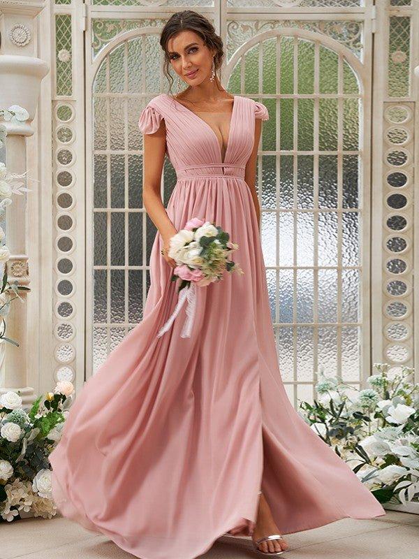NumberSea - A - Line/Princess Chiffon Ruffles V - neck Sleeveless Sweep/Brush Train Bridesmaid Dresses