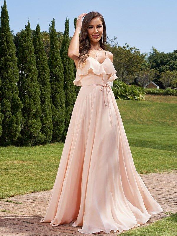 NumberSea - A - Line/Princess Chiffon Sash/Ribbon/Belt V - Neck Sleeveless Floor - Length Bridesmaid Dresses