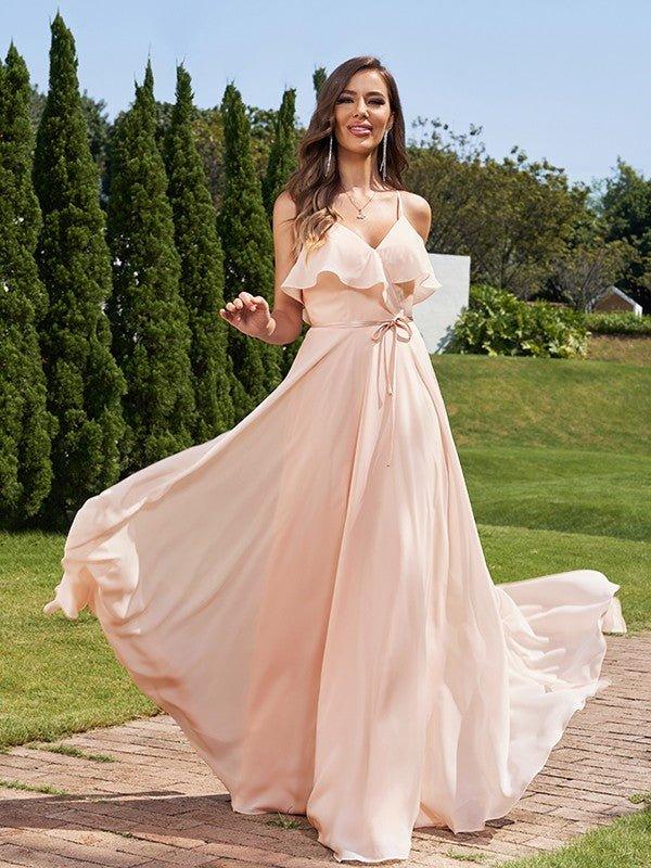 NumberSea - A - Line/Princess Chiffon Sash/Ribbon/Belt V - Neck Sleeveless Floor - Length Bridesmaid Dresses