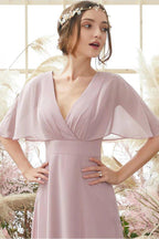 NumberSea - A - Line/Princess Chiffon Spaghetti Straps Short Sleeves Floor Length Natural Waist Bridesmaid Dresses