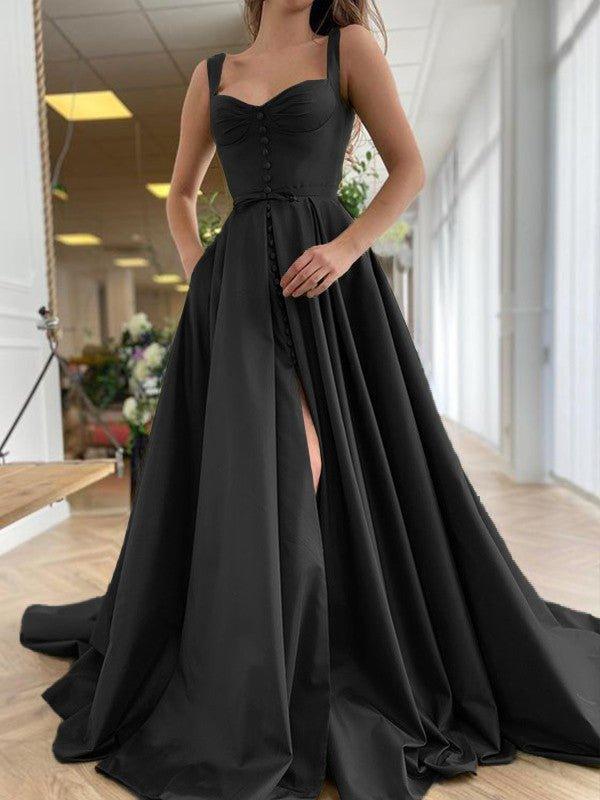 NumberSea - A - Line/Princess Court Train Straps Sleeveless Satin Ruffles Dresses