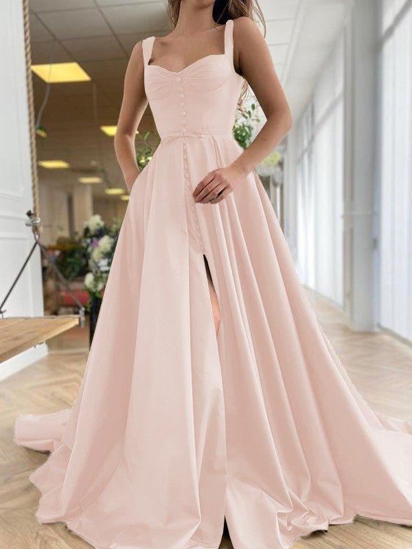 NumberSea - A - Line/Princess Court Train Straps Sleeveless Satin Ruffles Dresses