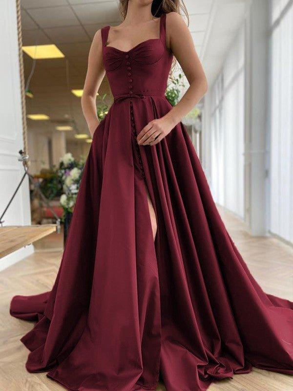 NumberSea - A - Line/Princess Court Train Straps Sleeveless Satin Ruffles Dresses