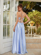 NumberSea - A - Line/Princess Elastic Woven Satin Lace V - neck Sleeveless Floor - Length Dresses