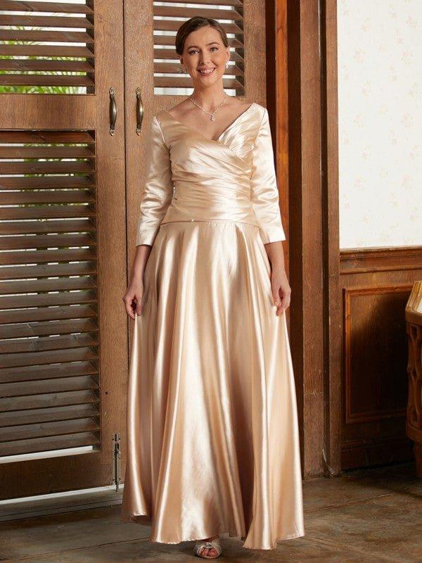 NumberSea - A - Line/Princess Elastic Woven Satin Ruched V - neck 3/4 Sleeves Ankle - Length Mother of the Bride Dresses