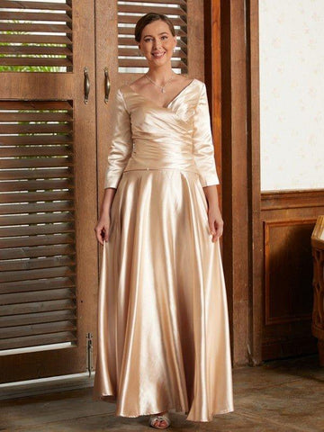 NumberSea - A - Line/Princess Elastic Woven Satin Ruched V - neck 3/4 Sleeves Ankle - Length Mother of the Bride Dresses