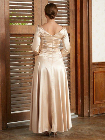 NumberSea - A - Line/Princess Elastic Woven Satin Ruched V - neck 3/4 Sleeves Ankle - Length Mother of the Bride Dresses