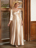 NumberSea - A - Line/Princess Elastic Woven Satin Ruched V - neck 3/4 Sleeves Ankle - Length Mother of the Bride Dresses