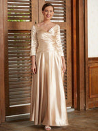 NumberSea - A - Line/Princess Elastic Woven Satin Ruched V - neck 3/4 Sleeves Ankle - Length Mother of the Bride Dresses