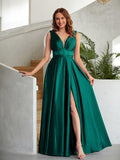 NumberSea - A - Line/Princess Elastic Woven Satin Ruched V - neck Sleeveless Floor - Length Dresses