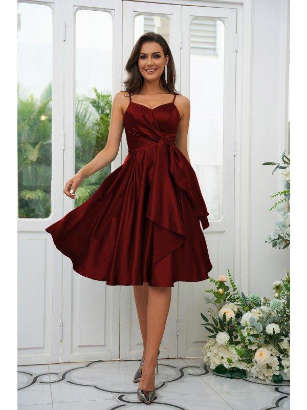 NumberSea - A - Line/Princess Elastic Woven Satin Ruffles Spaghetti Straps Sleeveless Knee - Length Bridesmaid Dresses