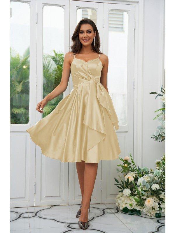 NumberSea - A - Line/Princess Elastic Woven Satin Ruffles Spaghetti Straps Sleeveless Knee - Length Bridesmaid Dresses