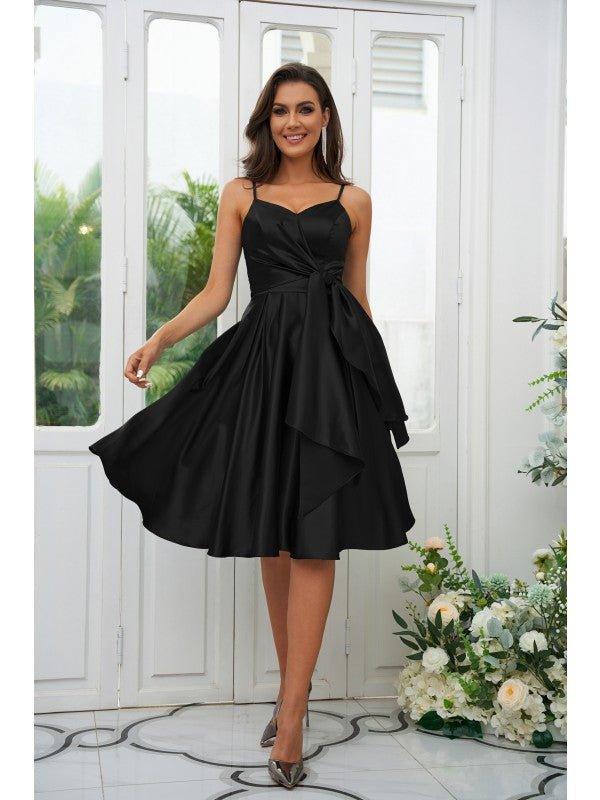 NumberSea - A - Line/Princess Elastic Woven Satin Ruffles Spaghetti Straps Sleeveless Knee - Length Bridesmaid Dresses