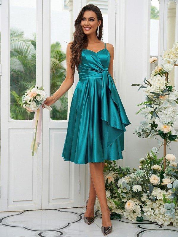 NumberSea - A - Line/Princess Elastic Woven Satin Ruffles Spaghetti Straps Sleeveless Knee - Length Bridesmaid Dresses