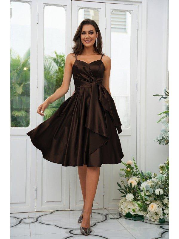 NumberSea - A - Line/Princess Elastic Woven Satin Ruffles Spaghetti Straps Sleeveless Knee - Length Bridesmaid Dresses