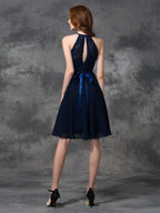 NumberSea - A - line/Princess Halter Lace Sleeveless Short Chiffon Bridesmaid Dresses