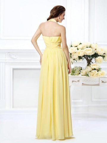 NumberSea - A - Line/Princess Halter Pleats Sleeveless Long Chiffon Bridesmaid Dresses