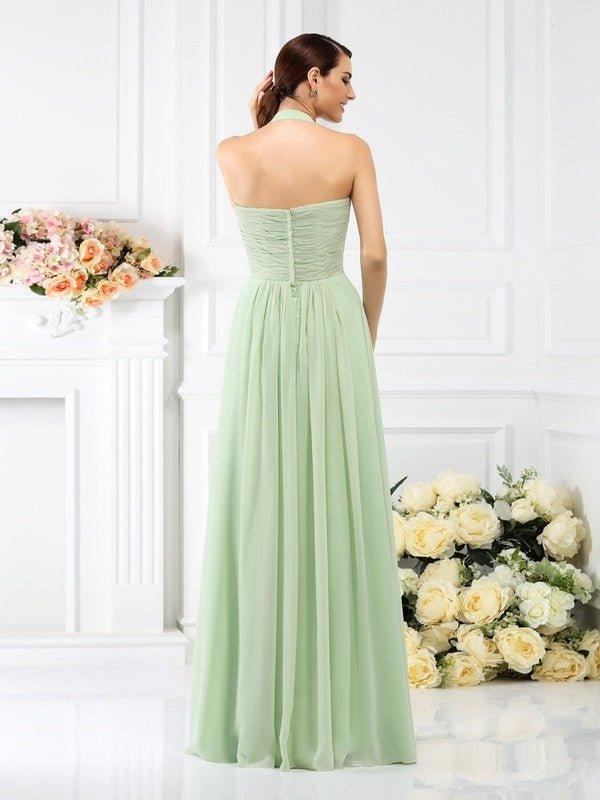 NumberSea - A - Line/Princess Halter Pleats Sleeveless Long Chiffon Bridesmaid Dresses