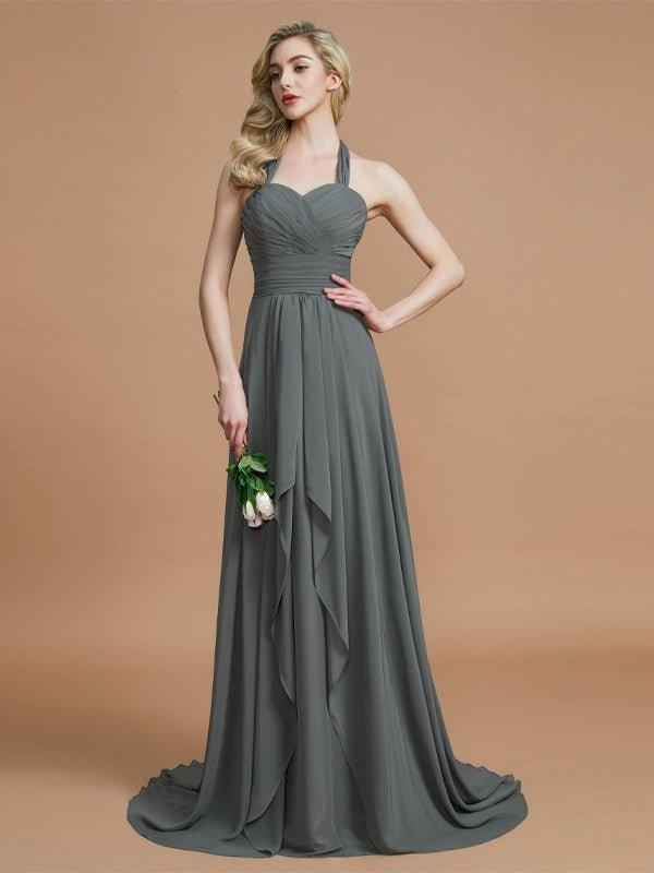 NumberSea - A - Line/Princess Halter Sleeveless Chiffon Sweep/Brush Train Bridesmaid Dresses