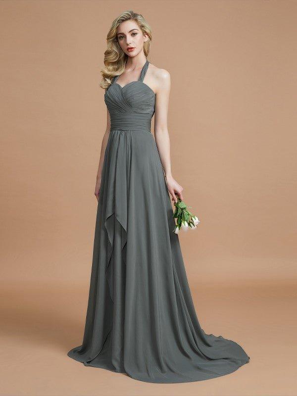NumberSea - A - Line/Princess Halter Sleeveless Chiffon Sweep/Brush Train Bridesmaid Dresses