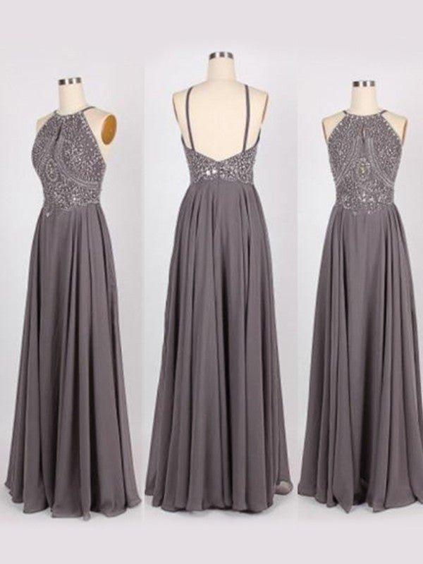 NumberSea - A - Line/Princess Halter Sleeveless Floor - Length Beading Chiffon Dresses