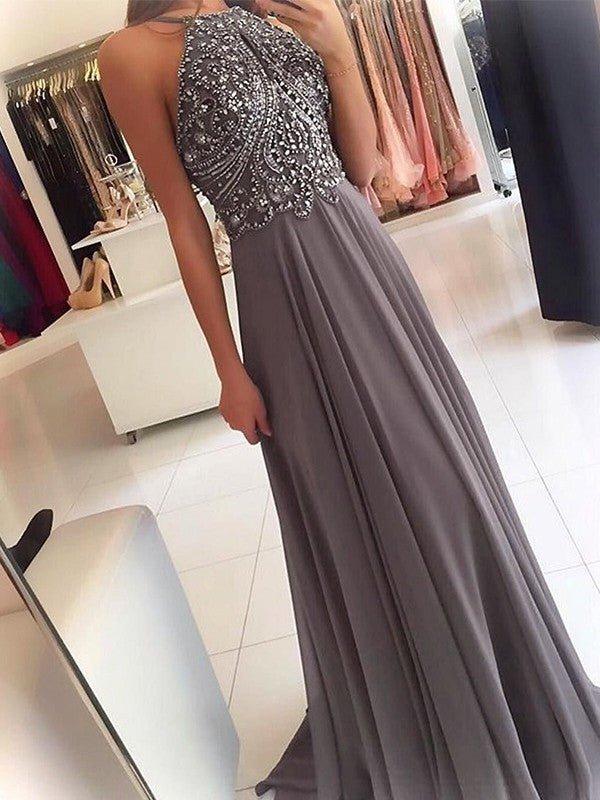 NumberSea - A - Line/Princess Halter Sleeveless Floor - Length Beading Chiffon Dresses