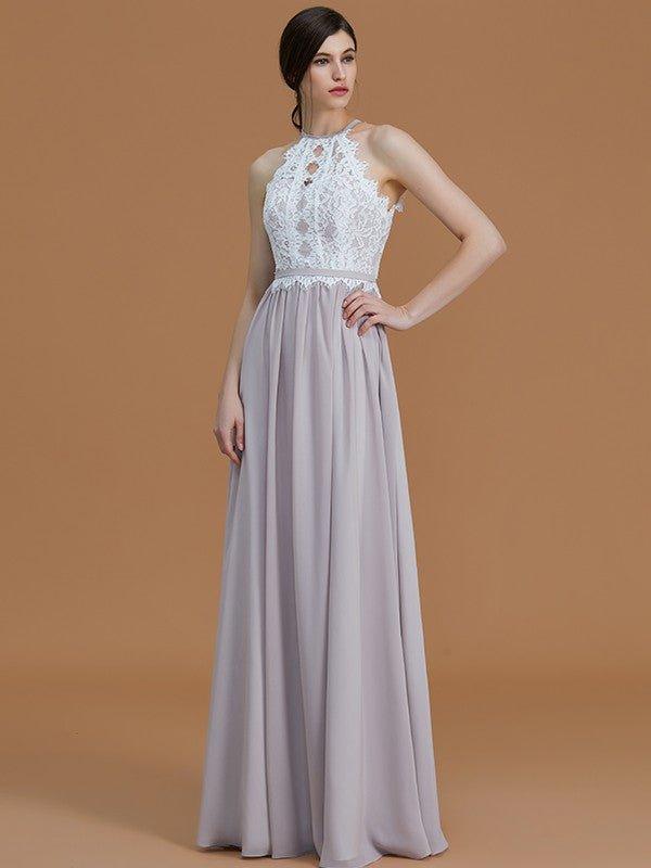 NumberSea - A - Line/Princess Halter Sleeveless Floor - Length Lace Chiffon Bridesmaid Dresses
