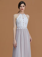 NumberSea - A - Line/Princess Halter Sleeveless Floor - Length Lace Chiffon Bridesmaid Dresses
