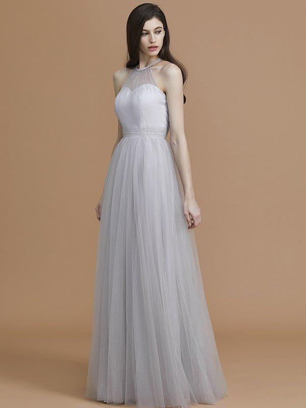 NumberSea - A - Line/Princess Halter Sleeveless Floor - Length Ruffles Tulle Bridesmaid Dresses