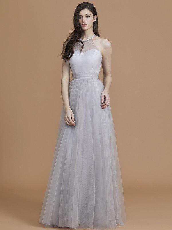 NumberSea - A - Line/Princess Halter Sleeveless Floor - Length Ruffles Tulle Bridesmaid Dresses