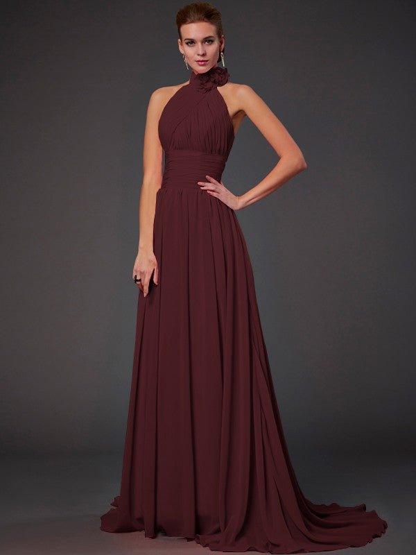 NumberSea - A - Line/Princess Halter Sleeveless Hand - Made Flower Long Chiffon Bridesmaid Dresses