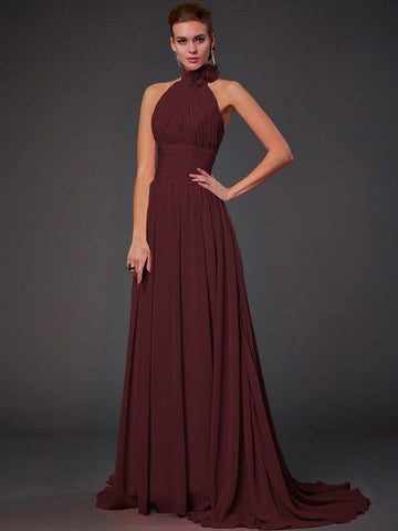 NumberSea - A - Line/Princess Halter Sleeveless Hand - Made Flower Long Chiffon Bridesmaid Dresses