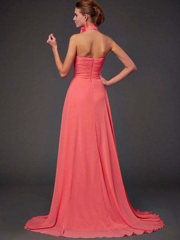 NumberSea - A - Line/Princess Halter Sleeveless Hand - Made Flower Long Chiffon Bridesmaid Dresses