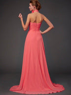 NumberSea - A - Line/Princess Halter Sleeveless Hand - Made Flower Long Chiffon Bridesmaid Dresses