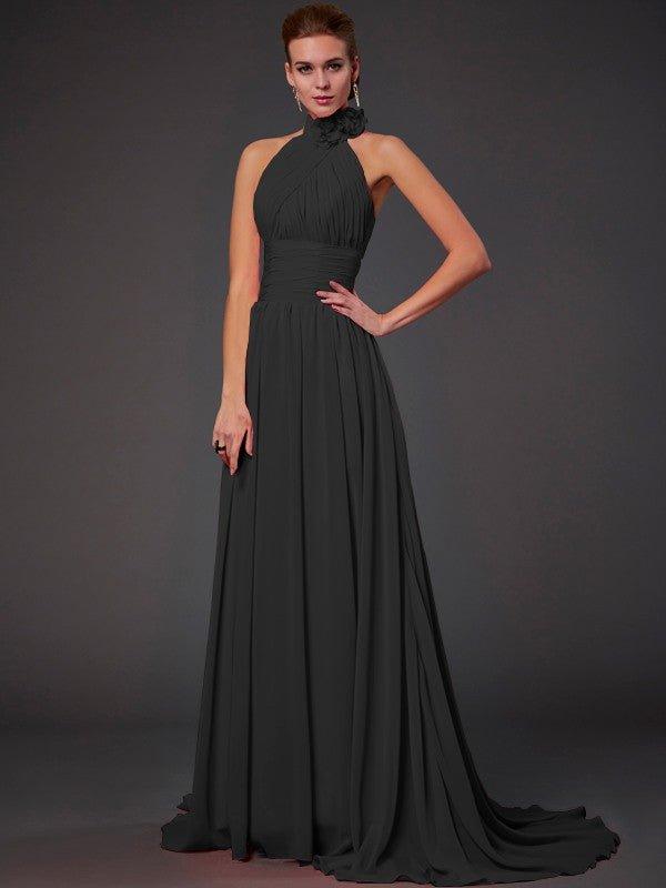 NumberSea - A - Line/Princess Halter Sleeveless Hand - Made Flower Long Chiffon Bridesmaid Dresses