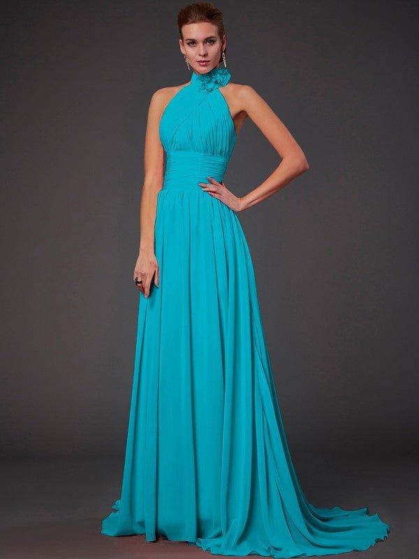 NumberSea - A - Line/Princess Halter Sleeveless Hand - Made Flower Long Chiffon Bridesmaid Dresses