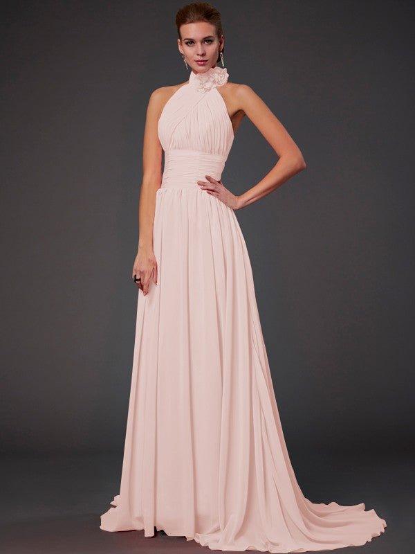 NumberSea - A - Line/Princess Halter Sleeveless Hand - Made Flower Long Chiffon Bridesmaid Dresses