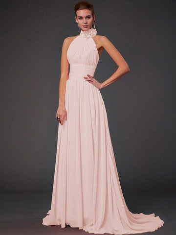NumberSea - A - Line/Princess Halter Sleeveless Hand - Made Flower Long Chiffon Bridesmaid Dresses