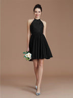 NumberSea - A - Line/Princess Halter Sleeveless Lace Short/Mini Chiffon Bridesmaid Dresses