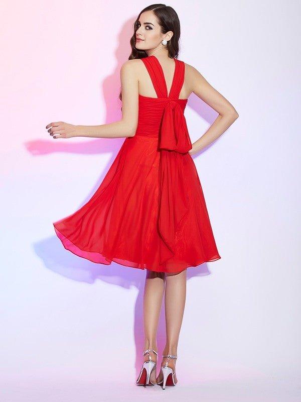 NumberSea - A - Line/Princess Halter Sleeveless Pleats Short Chiffon Bridesmaid Dresses