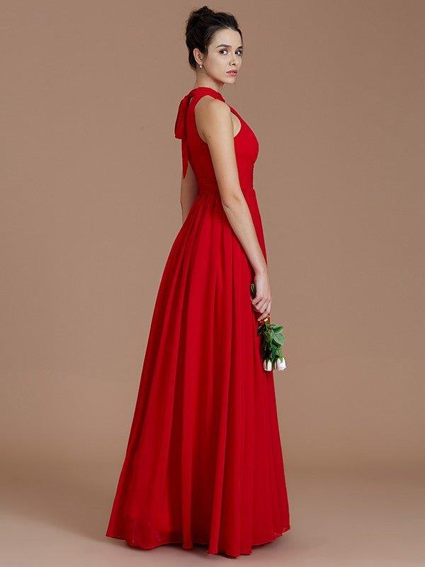 NumberSea - A - Line/Princess Halter Sleeveless Ruched Floor - Length Chiffon Bridesmaid Dresses