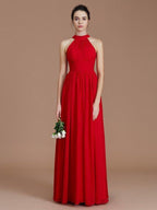 NumberSea - A - Line/Princess Halter Sleeveless Ruched Floor - Length Chiffon Bridesmaid Dresses