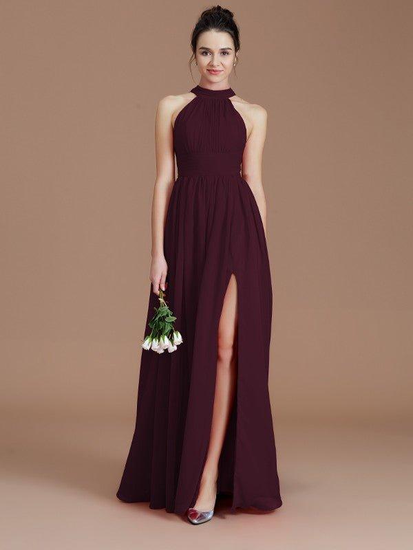 NumberSea - A - Line/Princess Halter Sleeveless Ruched Floor - Length Chiffon Bridesmaid Dresses