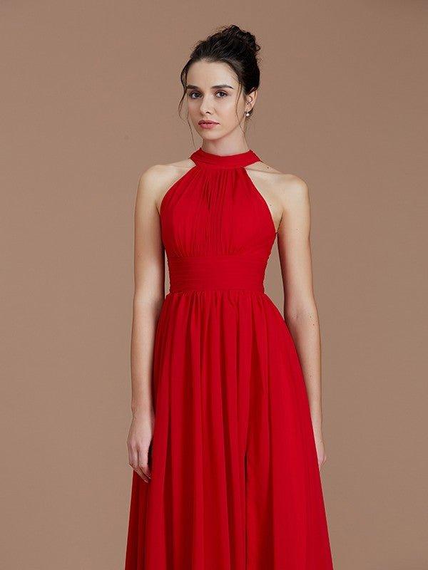 NumberSea - A - Line/Princess Halter Sleeveless Ruched Floor - Length Chiffon Bridesmaid Dresses