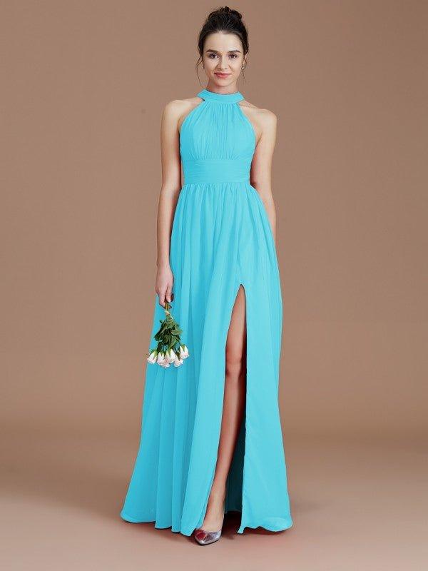 NumberSea - A - Line/Princess Halter Sleeveless Ruched Floor - Length Chiffon Bridesmaid Dresses