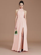 NumberSea - A - Line/Princess Halter Sleeveless Ruched Floor - Length Chiffon Bridesmaid Dresses