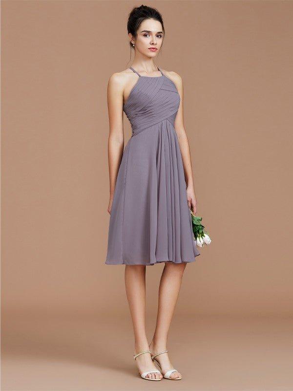 NumberSea - A - Line/Princess Halter Sleeveless Ruched Short/Mini Chiffon Bridesmaid Dresses