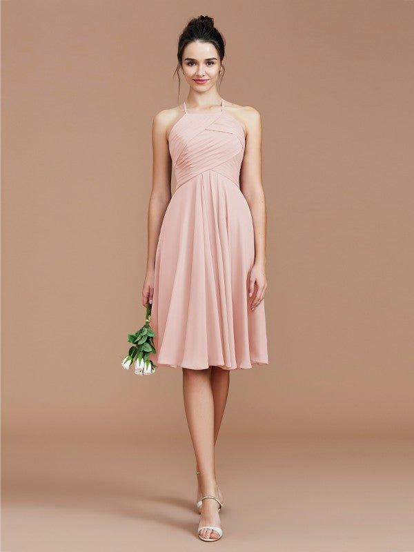 NumberSea - A - Line/Princess Halter Sleeveless Ruched Short/Mini Chiffon Bridesmaid Dresses