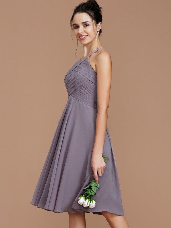 NumberSea - A - Line/Princess Halter Sleeveless Ruched Short/Mini Chiffon Bridesmaid Dresses