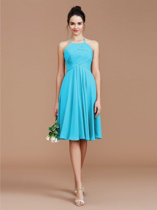 NumberSea - A - Line/Princess Halter Sleeveless Ruched Short/Mini Chiffon Bridesmaid Dresses